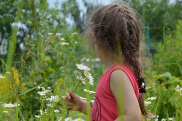 outdoor portrait Cute smiling baby girl in camomile field .Adorable girl with blue eyes and flowers daisies on meadow at summer day.Little child having fun and exploring nature. Copy space