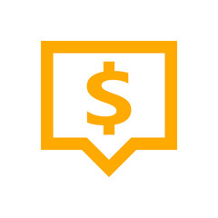 dollar currency symbol in speech bubble square shape for icon, orange dollar money for app symbol isolated on white, currency digital dollar icon for financial concept