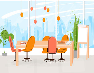 Vector Flat Collection of Creative Workplace with Modern Open Space and Empty Office Interior - Business and Contemporary Co-Working Illustraton. flat horizontal composition.