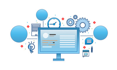 Software development concept. Set of  icons and illustrations representing development process. Code, laptop, cloud, process, workflow icons. For presentation