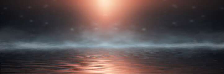 Empty futuristic dramatic fantasy scene. Night marine, underwater abstract background. Abstract dark landscape, street wet, smoke, smog. Neon blue light fluid element. 3D illustration