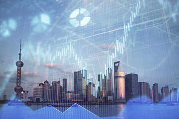 Plakat Forex graph on city view with skyscrapers background double exposure. Financial analysis concept.