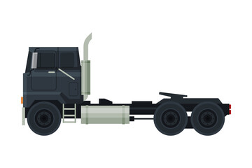 Modern Black Cargo Truck, Blue Heavy Delivering Vehicle, Side View Flat Vector Illustration on White Background