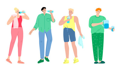 People drinking pure water from bottles and glass at home and in gym