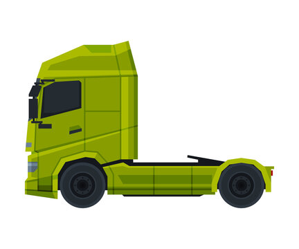 Green Cargo Truck, Modern Heavy Delivering Vehicle, Side View Flat Vector Illustration on White Background