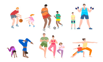 Families doing workouts and enjoying active healthy lifestyle together