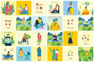 Fototapeta premium Concept of women unique background. Stylish vector illustration card with happy female woman and hand drawing quote Be unique
