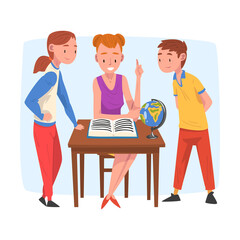 Fototapeta premium Mom Teaching Her Children, Parent Helping Son and Daughter with Homework and Explaining Lesson in Textbook, Home Schooling Cartoon Vector Illustration