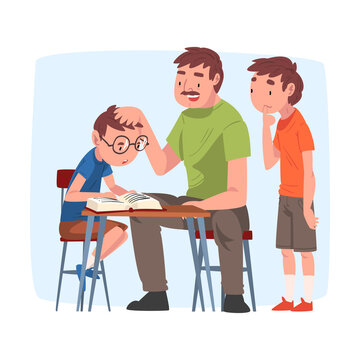 Dad Teaching his Sons, Parent Helping Children with Homework and Explaining Lesson in Textbook, Home Schooling Cartoon Vector Illustration