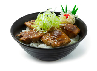 Yakitori Don ontop Leek slice sprinkle sesame (Chicken teriyai sauce on Rice recipe) Japanese Food