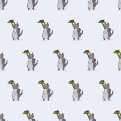 Seamless pattern Funny cat is holding a roast turkey. A cat with a funny look holds a fried chicken. Good for backgrounds, cards and prints on a summer theme. Vector.