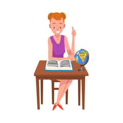 Smiling Girl Sitting at Desk and Reading Book, Teenager Studying at Home, Homeschooling Cartoon Vector Illustration on White Background