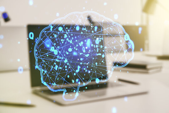 Creative artificial Intelligence concept with human brain sketch on modern computer background. Double exposure