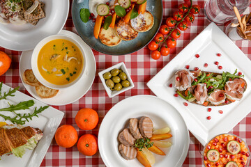 Table served for thanksgiving dinner. Autumn food on white background. Flat lay, top view, copy space