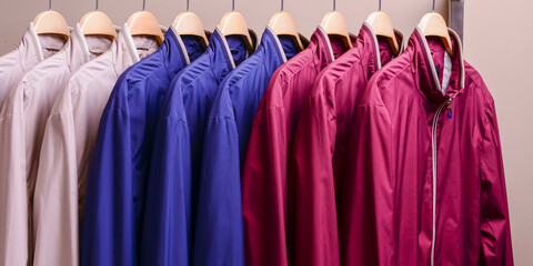 Row of many different colorful hoodie jackets, sport jackets for men and women. Seasonal clothing in store on sale.