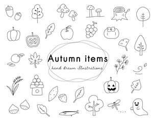 秋の手描きのイラストのセット／食欲の秋／かぼちゃ／ハロウィン