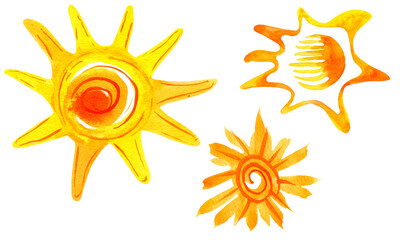 Watercolor hand painted set of sun in yellow and orange