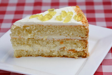 A piece of lemon sponge cake with cream served on a white plate over red plaid tablecloth. Italian concept.