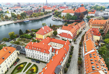 Wroclaw. Picturesque view of famous, old island Tumski and church of our Lady on Piasek from tower of cathedral of St. Johnion. Poland.