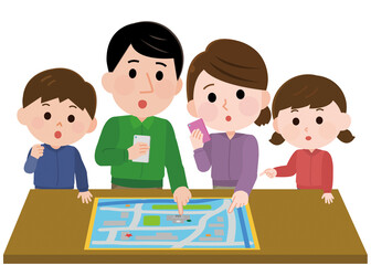 避難場所　ハザードマップを見て話し合う家族　イラスト