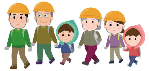 災害で避難する三世代家族　イラスト