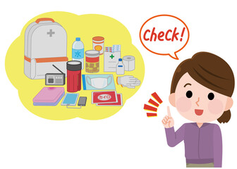 避難リュックの中身をチェックする女性　横　イラスト