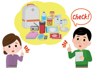 避難リュックの中身をチェックする男女　イラスト