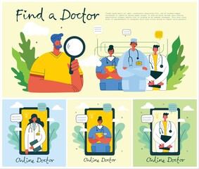 A man searching for the doctor. Mobile application illustration. Concept design for medical help resources. Online doctor instant help approach.