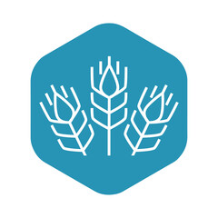 Cereals icon. Agricultural plant. White spikelets on a blue hexagon. Vector illustration isolated on a white background for design and web.