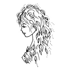 Mysterious profile girl with long hair with twigs and leaves. Forest nymph, goddess . Woman, female symbol of greens and nature. For tattoo, print, eco cosmetics, fashion. Hand drawn, black line.