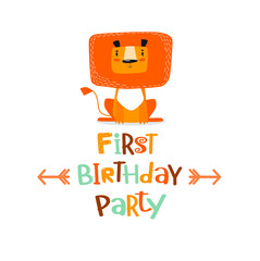 vector poster with lion and phrase "first birthday party". cartoon lionюbaby shower
