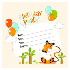 Vector invitation for children's birthday. Tropical party. Cartoon tiger. Cartoon character. time, date, address.
