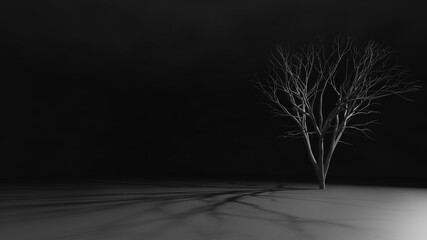 A tree without leaf on a smooth cement floor in a night (3D Rendering)