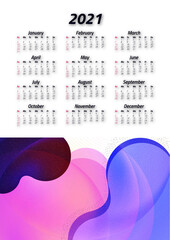 English calendar of 2021. Week starts on Sunday. Office supplies design. Business template. Abstract colorful illustration.