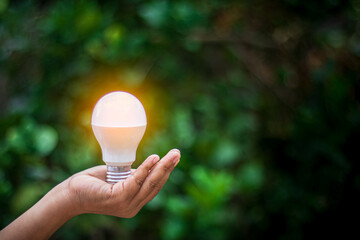 Hand holding a light bulbs on green blur backgroud, idea solar energy in nature.