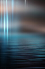 Dark neon background with rays and lines. Night view, reflection in the water of neon light. Abstract dark scene, vertical lines.
