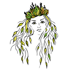 Beautiful girl with long hair with a wreath of flowers and leaves on her head. Queen, goddess of forest. Woman symbol of nature, and greens. For tattoo, print, cosmetics, fashion. Hand drawn vector.