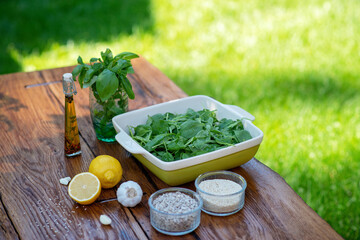 Ingredients for cooking snacks from green spinach sauce with basil, garlic, lemon, sunflower seeds, olive oil and sesame seeds. Organic Health Food Snack or appetizer.