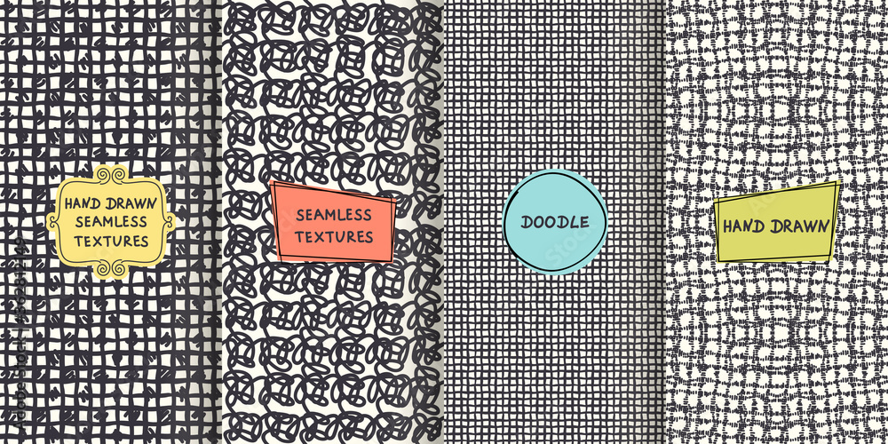 Poster set of seamless hand drawn texture designs for backgrounds, business cards, web design. doodle patte