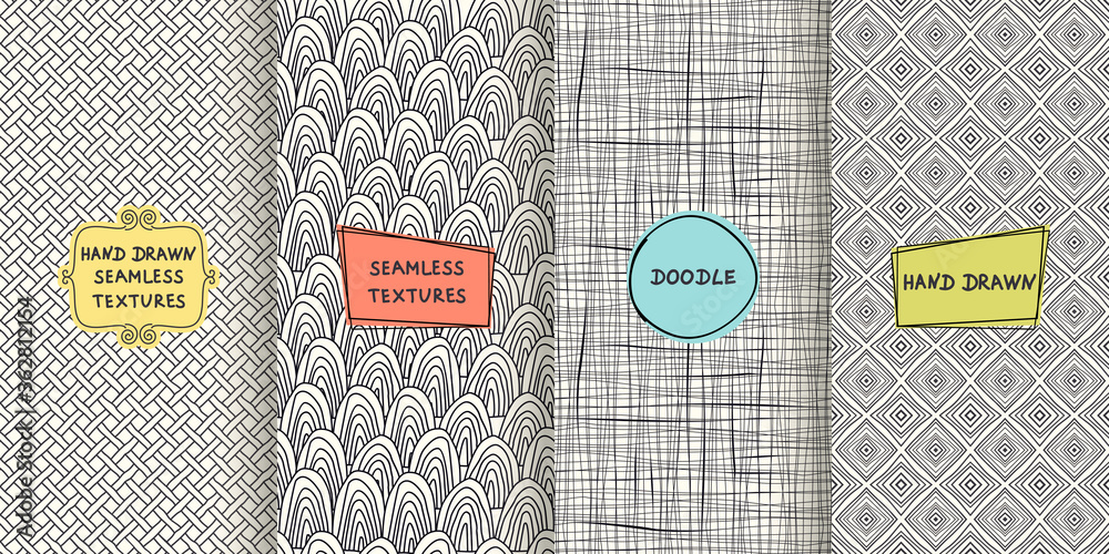 Poster set of seamless hand drawn texture designs for backgrounds, business cards, web design. doodle patte