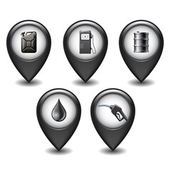 Set of Black Glossy Style Map Pointers With oil industry icons.