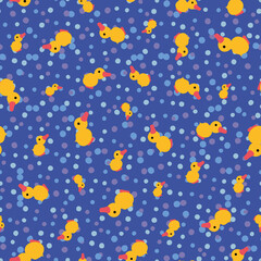 Rubber ducklings and bubbles seamless vector pattern. Duck race themed surface print design. For children fabrics, nursery textiles, scrapbooking, gift wrap, and packaging.
