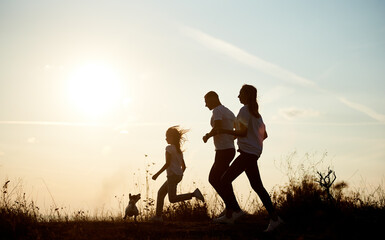 Fototapeta na wymiar Silhouette young and beautiful family of three are jogging with their dog one by one outside the city on the village road on the setting sun, side view