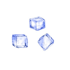 Obraz premium Hand drawn ice cubes for cocktails, beverage, water. Illustration of small piece of ice to cool a drink. Iced water cubes isolated on white.
