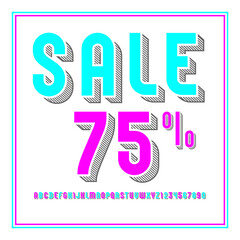 Trendy stripped font, bright colored alphabet sans serif, modern uppercase letters and numbers with gray shadow, vector illustration 10EPS