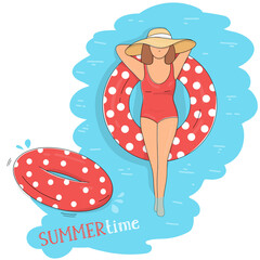 Woman in a red swimsuit sunbathes in a swimming pool with an inflatable swimming circle top view. Summer time poster. Summer vacation on the coast. Colorful vector illustration. 