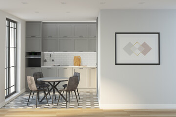 Interior of a gray kitchen with a round table in the middle, with glass doors to the balcony, with a horizontal poster on the wall. Mockup poster. Front view. 3d render