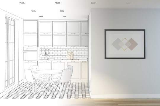 The sketch becomes a real gray kitchen with a round table in the middle, with glass doors to the balcony, with a horizontal poster on the wall. Mockup poster. Front view. 3d render