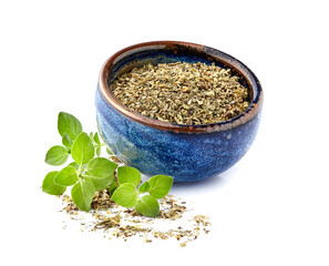 Oregano or marjoram leaves isolated on white background. Oregano fresh and dry.