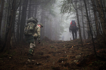 Two men hike in forest with backpack for trekking